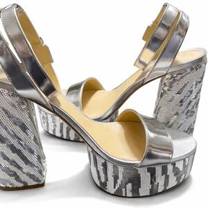 Michael Kors Ashton Silver Sequin Zebra Platform Heels
